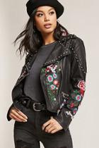 Forever21 Floral Embroidered Moto Jacket