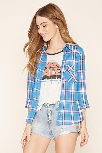 Forever21 Women's  Plaid Flannel Hooded Shirt