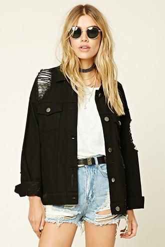 Forever21 Women's  Black Distressed Denim Jacket
