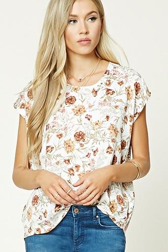 Forever21 Women's Cream & Tan Boxy Floral Print Top