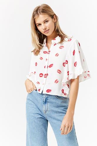 Forever21 Lip Print Ruffle-trim Shirt
