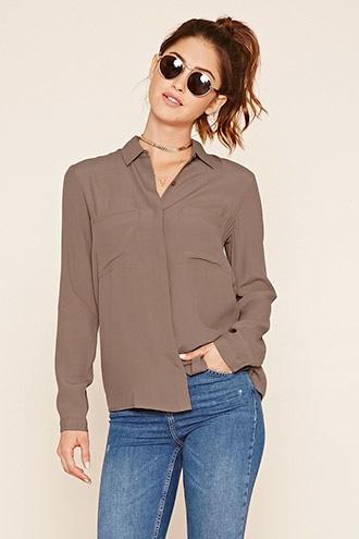 Forever21 Women's  Brown Button-front Woven Shirt