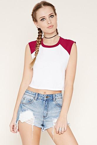 Forever21 Women's  White & Magenta Sleeveless Baseball Tee