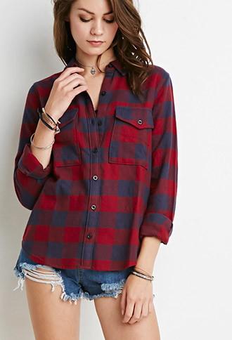 Forever21 Women's Red & Blue Buffalo Plaid Flannel Shirt