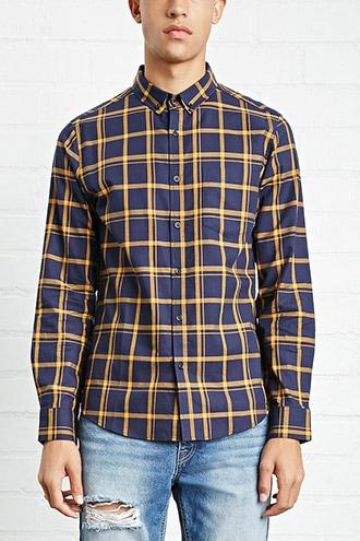 21 Men Men's  Navy & Mustard Fitted Woven Plaid Shirt