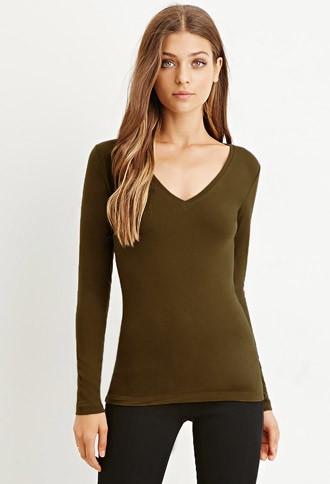 Forever21 Women's Olive Long Sleeve V-neck Tee