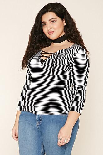 Forever21 Plus Women's  Plus Size Stripe Lace-up Top