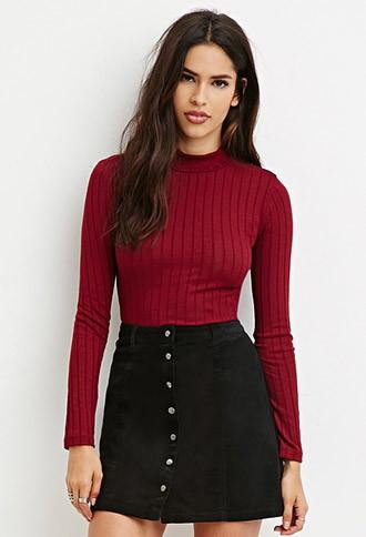 Forever21 Women's  Burgundy Mock Neck Marled Top