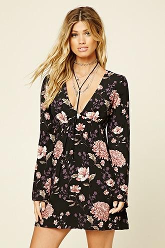 Forever21 Women's Black & Blush Bell-sleeve Floral Dress