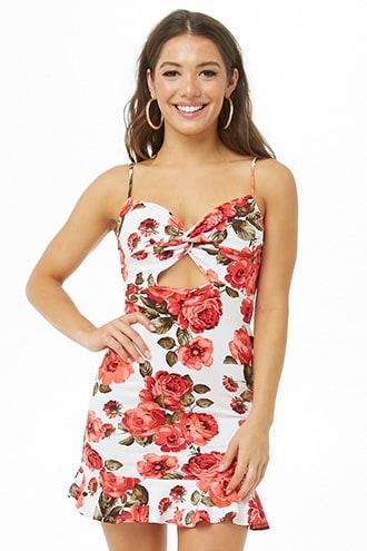 Forever21 Floral Twist-front Cutout Ruffle-hem Dress