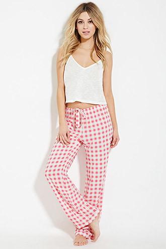 Forever21 Women's  White & Pink Drawstring Plaid Pj Pants