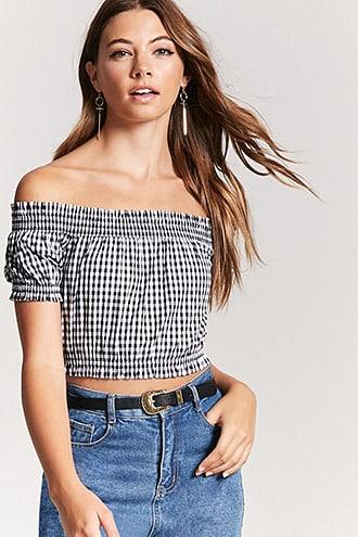 Forever21 Gingham Off-the-shoulder Crop Top