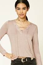 Forever21 Women's  Taupe Lace-up V-neck Top