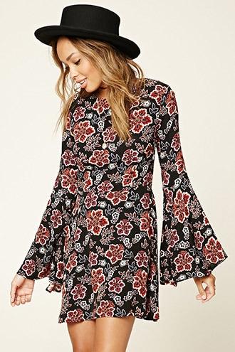Forever21 Women's  Black & Rust Floral Print Bell-sleeved Dress