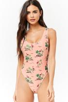 Forever21 Palm Tree & Flamingo Print One-piece Swimsuit