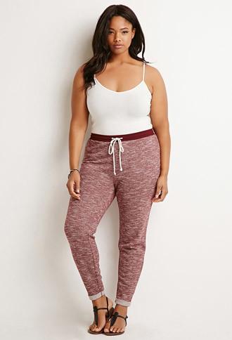 Forever21 Plus Women's Burgundy & Cream Marled Drawstring Sweatpants