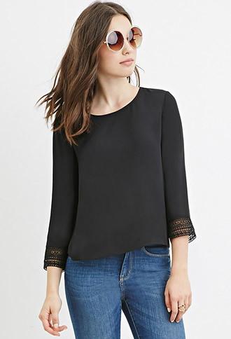 Forever21 Women's  Black Floral Crochet-trim Blouse