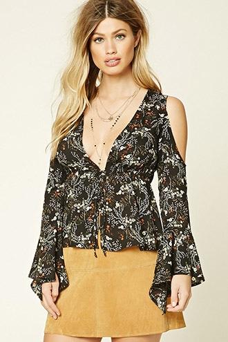 Forever21 Women's  Black & Mustard Floral Open-shoulder Top