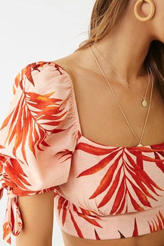 Forever21 Linen-blend Leaf Print Crop Top