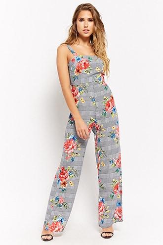 Forever21 Houndstooth & Floral Print Jumpsuit