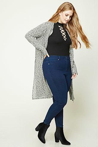 Forever21 Plus Women's  Black & Ivory Plus Size Marled Knit Cardigan