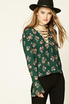 Forever21 Women's  Hunter Green & Amber Floral Print Lace-up Top