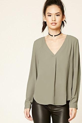 Forever21 Women's  Olive V-neck Pleated Top