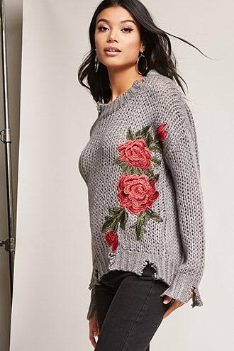 Forever21 Frayed Rose Applique Sweater