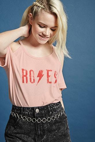 Forever21 Roses Graphic Open-shoulder Tee