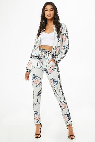 Forever21 Checkered Floral Bomber Jacket & Drawstring Pants Set