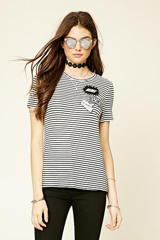 Forever21 Women's  Cream & Black Patch-front Stripe Longline Tee