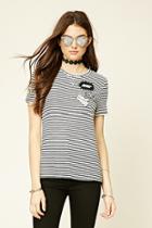 Forever21 Women's  Cream & Black Patch-front Stripe Longline Tee