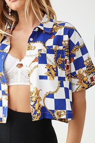 Forever21 Checkered & Scarf Print Shirt
