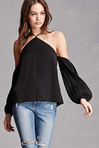 Forever21 Line And Dot Open-shoulder Top