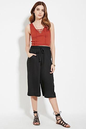 Forever21 Women's  Black Satin Drawstring Culottes