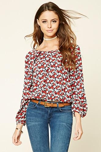Forever21 Women's  Navy & Cream Floral Peasant Top