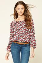 Forever21 Women's  Navy & Cream Floral Peasant Top