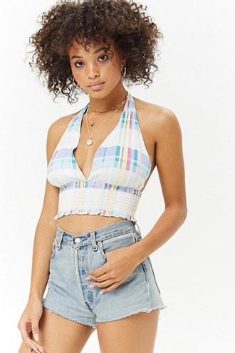 Forever21 Plaid Smocked Halter Crop Top