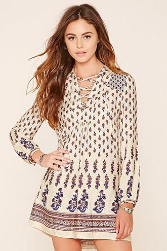 Forever21 Women's  Cream & Mustard Floral Print Swing Dress