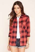 Forever21 Women's  Orange & Navy Plaid Flannel Shirt