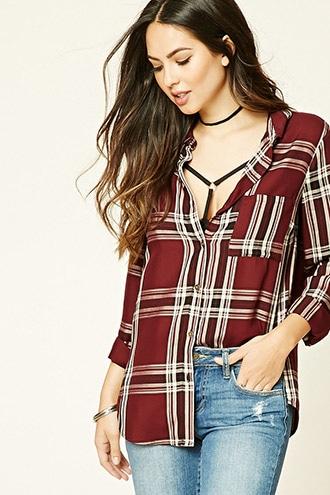 Forever21 Women's  Burgundy & Black Longline Plaid Shirt