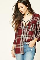 Forever21 Women's  Burgundy & Black Longline Plaid Shirt