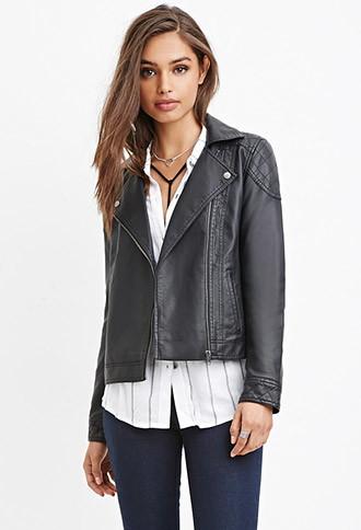 Forever21 Women's  Quilted Faux Leather Moto Jacket (black)