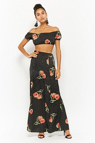 Forever21 Floral Pin Dot Crop Top & Maxi Skirt Set