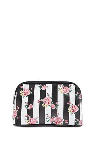 Forever21 Rose Print Striped Makeup Bag