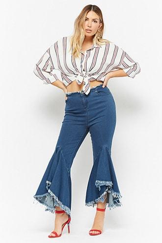 Forever21 Plus Size Kikiriki Frayed Flared Capri Jeans