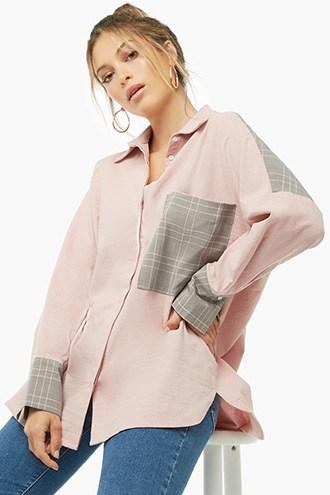 Forever21 Pattern-blocked Curved-hem Shirt