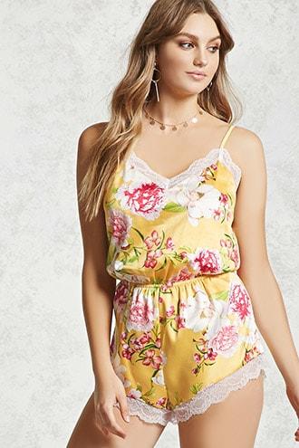 Forever21 Floral Satin Cami Romper