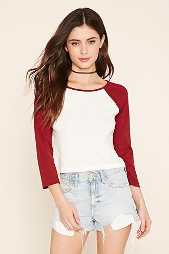 Forever21 Women's  Cream & Burgundy Cropped Baseball Tee
