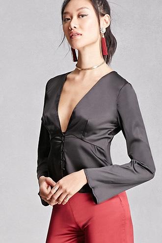 Forever21 Women's  Black Satin Peplum Top